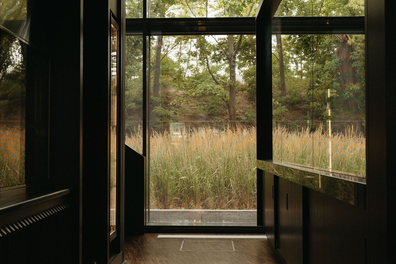 View from the dark interior of the restaurant through a large glass front onto tall grasses and trees on the EUREF-Campus.