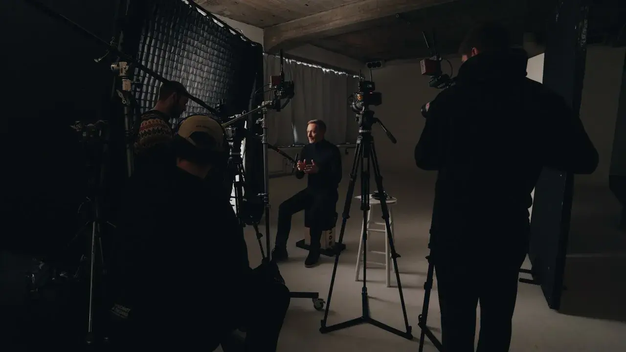 Wide shot of the film set featuring Christian Lindner and the film crew during the shoot for the FDP election campaign spot "Everything can be changed".